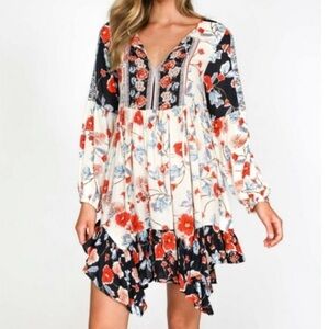 Patrons of Peace | Women’s Cream/Red/Blue/Black Floral Print Boho Shift Dress XS